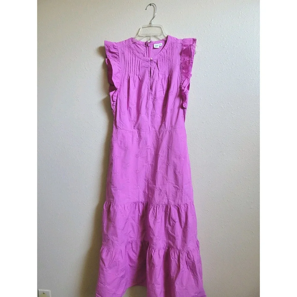 gap pink maxi dress Gap Women's Pink Maxi Dress Tiered Embroidered‎ Short Ruffle Sleeve Pockets  Sz 4